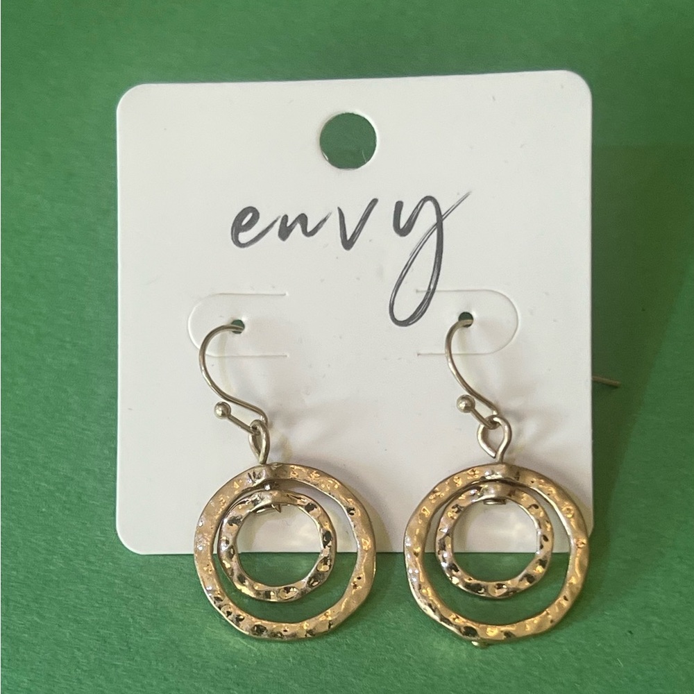 Envy gold tinted 2 circles crinkled metal look hook earrings
